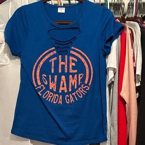 Blue Women's Short-Sleeve Graphic Tee with Lace-Up Neckline - Zunziz